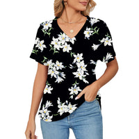 Women's T-shirt, Natural Plant And Floral Print, Casual V-neck Short Sleeves