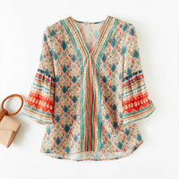 V-neck Loose Flare Three-quarter Sleeve Blouse Women's Top