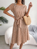 Women   Casual Short Sleeve Floral Print Flowy Pleated Skirt