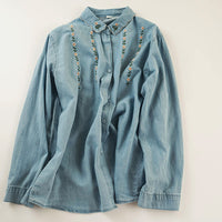 Embroidered Washed Denim Long-Sleeve Shirt Womens Single-Breasted Top