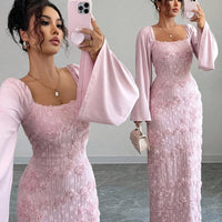 Fashionable And Elegant Floral-decorated Long-sleeve Dress With A Square Neckline And Flared Sleeves