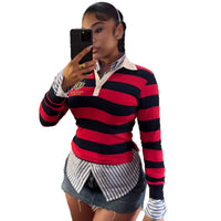 Retro Contrasting Color Embroidered Design Lapel Hoodie Top