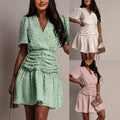 Plaid V-Neck Defined-Waist Short-Sleeve Pleated Dress
