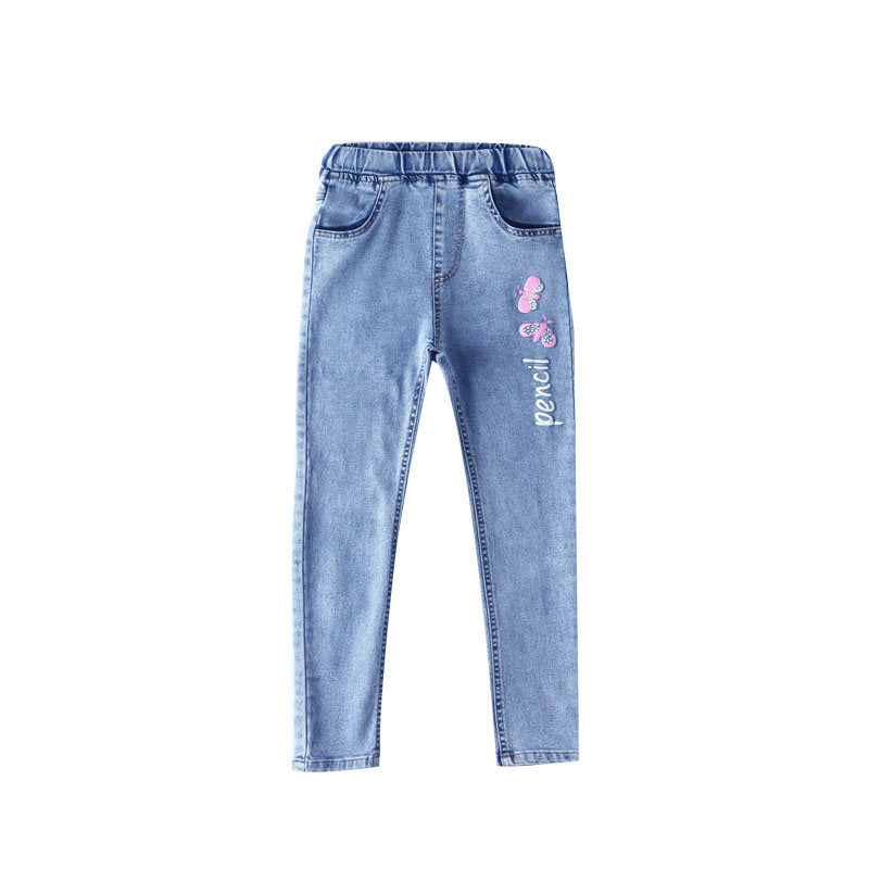 Autumn Butterfly Letter Jeans Slim Fit Stretch Casual Pants Children's Pants