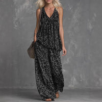 Womens Loose-Fitting Leopard-Print Sleeveless Top And Chiffon Pants Set