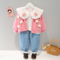 Doll Collar Top Cardigan Three Piece Set For Children