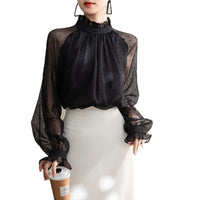 Womens Long-Sleeve Chiffon Blouse With Polka Dots
