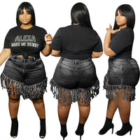 Fashion Sexy Bag Hip Tassel Fat MM Denim Straight Shorts