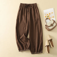 Womens Cotton Linen Embroidered Drawstring Loose Casual Pants