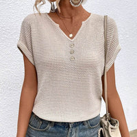Women's Waffle Short Sleeve Cropped Collar Hollow-out Top