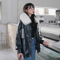 Loose Little Black Pie Overcoming Plaid Stitching Leather Coat And Cotton Jacket
