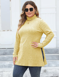 Women's Plus Size Turtleneck Slim Fit Striped Slit Mid-length Top
