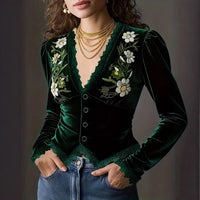 Women's Retro Fashion V-Neck Puff Sleeve Shirt