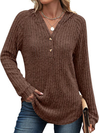 Solid Color And V-neck Button Loose Hooded Fleece Knitted Top