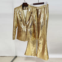 Fashionable Gold Sequin Blazer And Pants Suit For Women