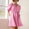 Womens V-Neck Puff-Sleeve Single-Breasted Lace-Up High-Waist Dress