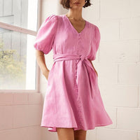 Womens V-Neck Puff-Sleeve Single-Breasted Lace-Up High-Waist Dress