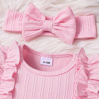 3 Piece Set Ribbed Frill Long Sleeve Romper And Pants Suit With Headscarf