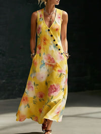 Womens Loose V-Neck Slant-Button Dress