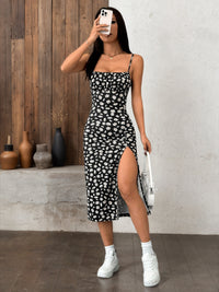 Summer Fashion Printed Strap Pleated Slit Dress Womens Wear