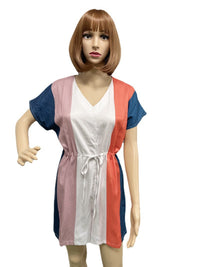 Loose V-neck Drawstring Stripe Contrast Short Sleeve Jumpsuit