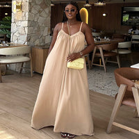 V-neck Loose Slip Dress Solid-color Maxi Dress