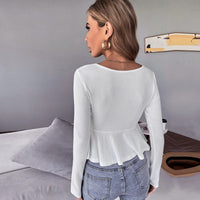 Women's V-neck Ruffled Peplum Waist-cinching Knit Long-sleeve Crop Top