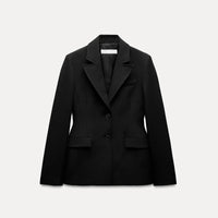Women's Plus Size Suit Padded Shoulder Slim-fit Black Button Coat