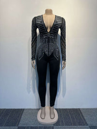 Slim Hip Rhinestone V-neck Stretch Tight Jumpsuit