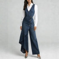 Western-style V-neck Asymmetrical Denim Jumpsuit