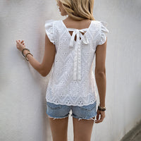 Lotus Leaf Flutter Sleeves V-Neck White Hollow-Out Lace-Up Shirt