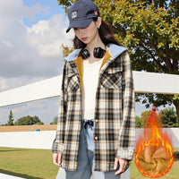 Casual And Loose Hooded Plaid Shirt Top For Women