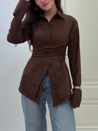 Dark Brown Long-Sleeve Cross-Tie Waist-Cinched Shirt