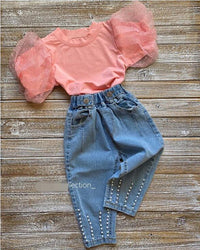 Lace Top And Beaded  Pocket Jeans Suit
