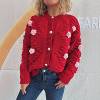 Cute Three-dimensional Flower Decorative Knitted Cardigan Round Neck Sweater