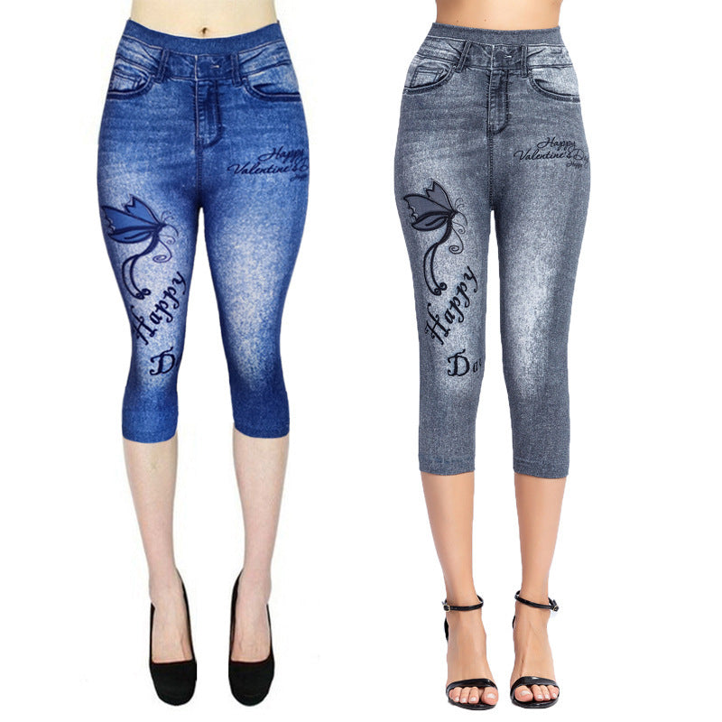 Printed Imitation Denim Cropped Trousers High Elasticity Hip Leggings