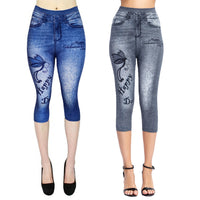 Printed Imitation Denim Cropped Trousers High Elasticity Hip Leggings