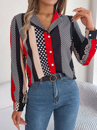 Women's Office Elegant Color Block Polka Dot Notched Lapel Long Sleeve Shirt