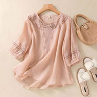 Spring And Summer Loose Artistic Vintage Cotton And Linen Embroidered Shirt