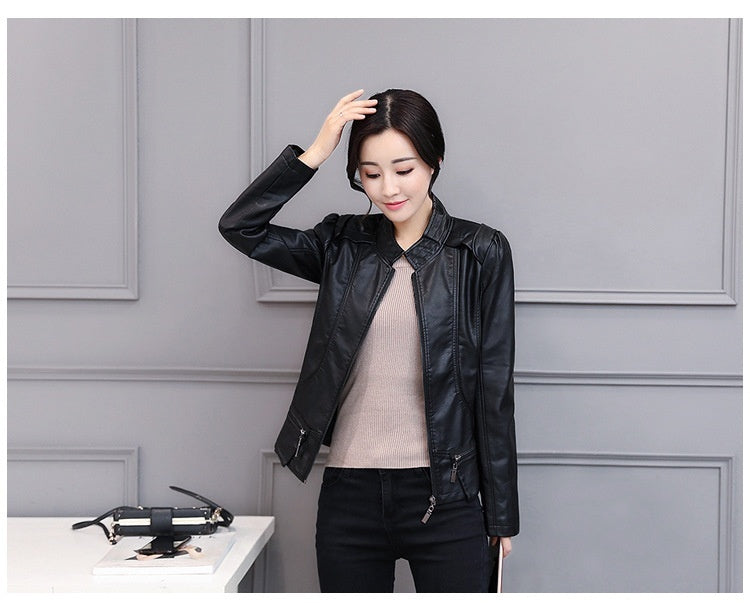 New Spring And Autumn Korean Style Motorcycle Stand-up Collar Slim Fit Slimming Leather Coat