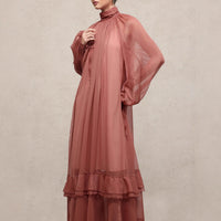 Womens Fashion Ruffle-Trim High-Neck Long-Sleeve Dress