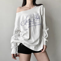 Womens Street-Style Letter-Print Off-Shoulder Short-Sleeve Loose Blouse