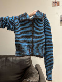 Polo Collar Striped Single-breasted Knitted Sweater Long Sleeve