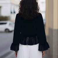 Womens Solid-Color Long-Sleeve Crew-Neck Ruffle-Trim Sweatshirt Top