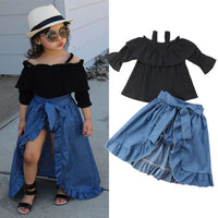 Half-sleeve off-shoulder halter top with split skirt 3PCS
