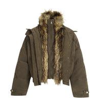 Men's Zhu Shan Diao PU Leather Jacket Puffer Jacket Fur-collar Coat Faux Two-piece Cotton