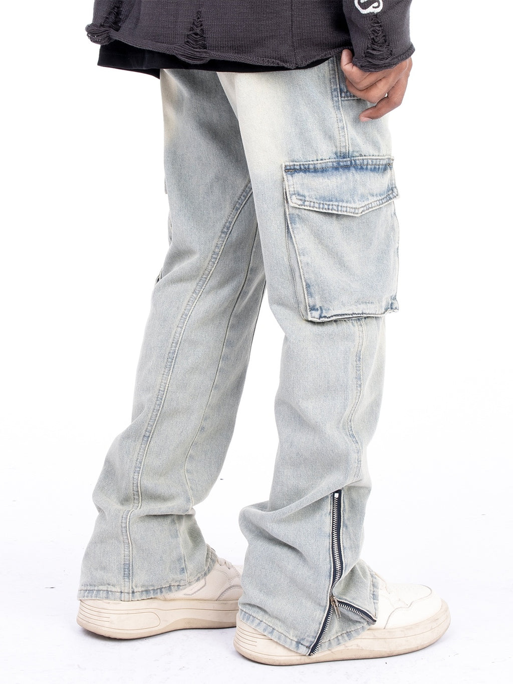 American Style Autumn And Winter Washed And Made Old Micro Elastic Jeans With Zipper Design At The Hem For Casual Pants