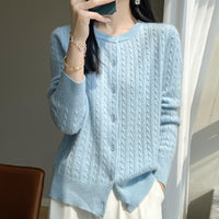 Women's Round Neck Wool Cardigan Twisted Wool Sweater