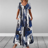 Round-neck Short-sleeve Printed Dress With Patch Pockets