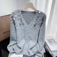 Heavy Embroidery Sequins Diamond V Neck Pullover Lazy Sweater
